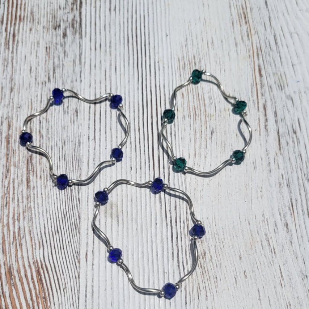 Set of Three Silver and Beaded Stretchy Bracelets